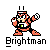 Pixelated character with orange-red body, black limbs, and white helmet holding a soccer ball, standing on gray background with 'Brightman' text below.