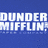 Pixelated blue background with white text reading 'DUNDER MIFFLIN,' in blocky, retro-styled lettering.