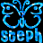 Pixelated blue butterfly-shaped logo with stylized text below on black background, static single-frame image.