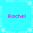 Pixelated cyan background with white dotted and dashed lines forming a , four pink 'Rachel' texts, and white asterisk-like symbols at corners and intersections