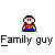 Pixelated character in red-and-yellow shirt and blue pants with speech bubbles showing 'O', 'OO', 'OOO', and 'RIGHT' above text reading 'Family guy'