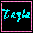 Pixelated cyan text "Tayla" on black background with pink checkered border, static single-frame icon.