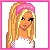 Pixel art contact sheet showing a doll character's full body and text phrases arranged in a 3x3 grid with pink borders, displaying animation frames of the character from head to feet and religious-themed text.