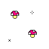 Pixelated pink mushroom with white spots on yellow stem, surrounded by four black cross-shaped cursor icons in different positions.