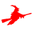 Red pixelated silhouette of a witch on a broomstick against white background, viewed from side with arms outstretched and pointed hat.