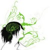 A stylized figure with dark hair and green floral swirls against a white background.
