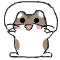 Four of a cartoon hamster with brown and white fur, black eyes, pink cheeks, and small whiskers in various poses