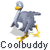 Animated contact sheet of a gray duck mascot running in 8 frames with yellow beak and legs, each frame labeled "Coolbuddy" below the character.