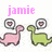 Animated sequence of pink and green dinosaur icons with heart-shaped thought bubbles, each labeled 'jamie' in pink text above.