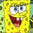 Pixelated yellow sponge character with wide eyes and open mouth on left, cyan background with pink pixelated text on right.