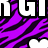 Pixelated static image with bold black and white geometric shapes overlaid on a purple and dark purple striped background.