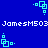Pixelated cyan geometric shapes and white text 'JamesM503' repeat on a solid blue background with no visible motion changes.