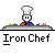 Pixel art chef character with white hat and black eyes stands behind gray counter with colored blocks, text 'Iron Chef' below.