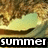 Pixelated image of a light green boat on water with brown and yellow background, black bar at bottom containing white text 'summer'.