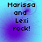 Pixelated text 'Marissa and Lexi rock!' on a blue-purple gradient background with subtle circular patterns.