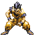 Four pixelated animation frames of a muscular character in golden armor with purple accents performing dynamic poses against a gray background.