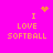 Pixelated icon with bright pink background displaying 'I LOVE SOFTBALL' text in orange, featuring animated heart and starburst effects above the text.