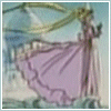 Animated sequence of a character in a flowing lavender gown with layered ruffles, standing against a light blue background with green branches and white architectural elements.