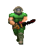 Pixelated character in green armor and helmet holding a chainsaw, shown in four sequential poses against a gray background.