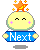 A 4-frame animated contact sheet showing a yellow cartoon character with pink cheeks holding a blue sign that reads "Next" in white text, with an orange star on its head that alternates between sparkling and static states across frames.