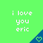 Green background with repeated white text 'i love you eric' and blue triangular icons containing green hearts.