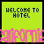 Animated contact sheet of 11 frames showing a repeating pattern of yellow squares with "WELCOME TO HOTEL" text and pink "california" text overlay, arranged in a 4x3 grid with one gray square at bottom right.