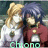 Two pixelated anime-style characters with blonde and blue hair stand side-by-side, wearing white and red tops with circular emblems, with green text below them.
