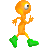 Animated orange character with single large eye and green footwear in multiple walking poses against gray background.