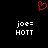Red pixelated heart symbol above two identical white text blocks reading 'joe= HOTT' on black background.
