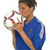 Pixelated static image of a person in blue athletic wear holding a tennis racket with red and white strings against a plain background.