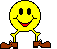 A two-frame contact sheet of a pixelated yellow smiley face character with brown shoes performing a walking animation against a gray background.