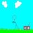 Pixelated stick figure with circular head performs actions across three horizontal against bright blue sky and green grass background