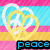 Pixelated icon with layered peace symbols over striped background, text labels 'peace', 'love', and 'cheer' in different colors.