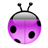 Pixelated ladybug icon with purple body, black spots, and antennae on gray background