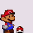 Pixelated Mario character in red cap and blue overalls performs jump animation with green star effects and red mushroom props on light gray background.