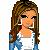 Pixelated static image of a person with long brown hair wearing white and blue clothing against a light background.