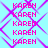 A static image displays the name 'KAREN' repeated in pink text across a light blue background with purple geometric patterns.