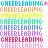 Static pixel art icon featuring the word "CHEERLEADING" repeated eight times in rainbow gradient colors with a small pink flag on the right edge, all set against a white background.