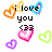 Pixelated graphic with 'i love you' text surrounded by five heart shapes in orange, blue, pink, purple, and green hues on white background.