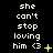 Black background with white pixelated text reading "she can't stop loving him <3" and yellow star-like symbols in three
