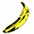 Pixelated yellow banana with black curved stripes, a dark brown stem, and small black dots on its surface against a white background.