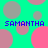 Pixelated turquoise background with overlapping pink and gray circles, four instances of blue text reading SAMANTHA in uppercase.