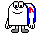 Pixelated character with white body, blue shoulder accents, red arm markings, and gray feet in multiple poses.