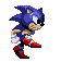 Six pixel-art frames of a blue hedgehog character in motion, showing running and walking poses with red shoes and white gloves against gray background.