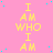 Yellow text repeating "I AM WHO I AM" vertically on a pink background with scattered cyan dots, partially cropped at bottom right.