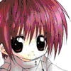 Anime-style character with pink hair and large black eyes, shown in multiple views with text variations.