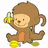 Pixelated brown monkey with orange chest holds yellow banana, standing next to peeled banana on white background.