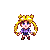 Pixel art character with blonde pigtails and golden headband in blue outfit, transitioning through winged motion effects with purple and white particle trails.