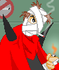 A cartoon character with bandaged head and red coat smokes a cigarette against green background with no-entry symbols.