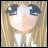 A 48x48 pixel buddy icon featuring a split composition with an anime-style character on the left and text elements on the right against a black background.